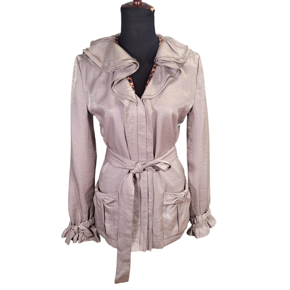 Vintage Y2K UBU Shimmer Ruffle Collar Jacket Leopard Lining‎ Silver Travel M